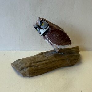 Hand Carved and Painted Brown & White Owl Figurine on Driftwood.